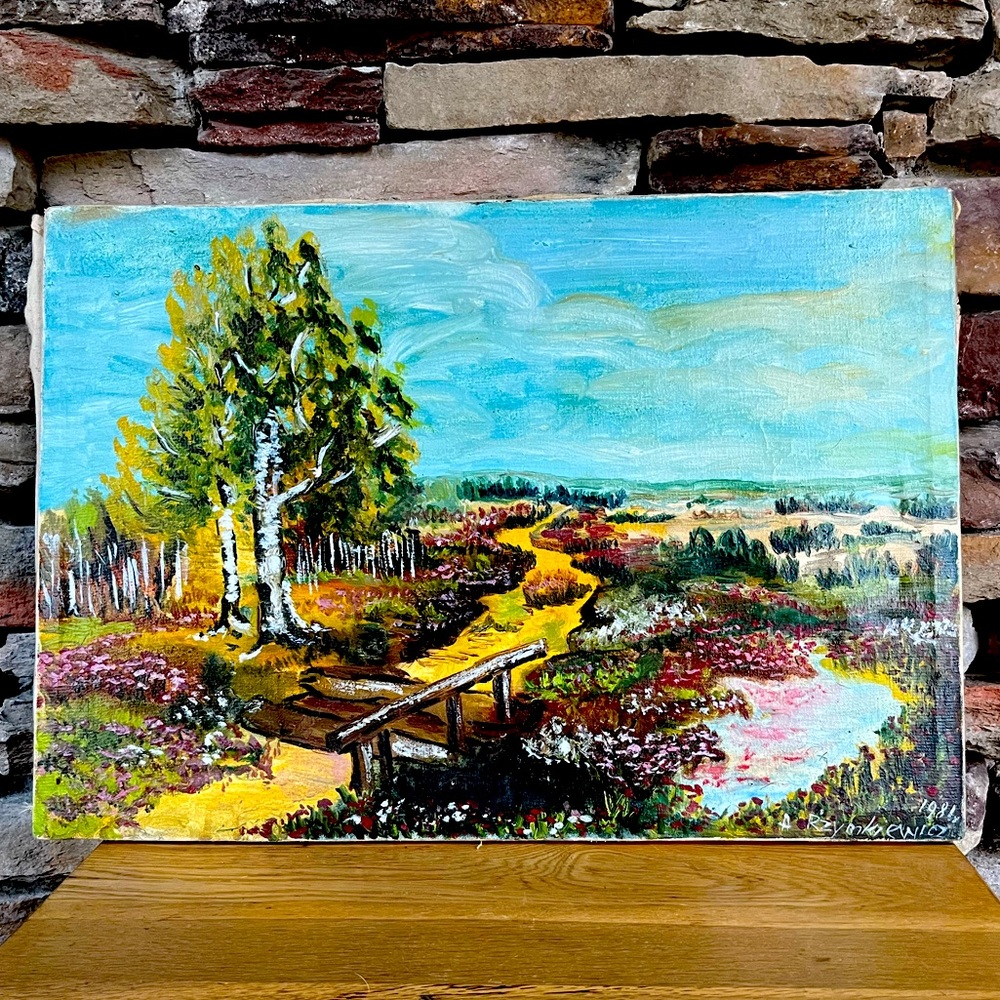 VTG Original Art Landscape Bridge Oil Painting Trees Path Canvas Signed 1986